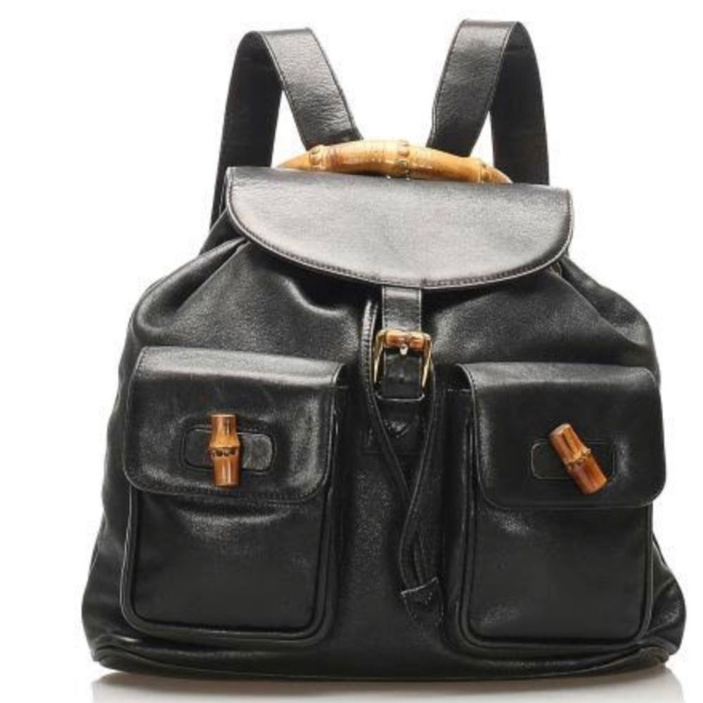 Gucci Black Leather Backpack with Bamboo Accents